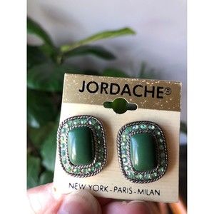 Vintage JORDACHE Green Rectangle Shaped Silver Colored Costume Clip-on Earrings